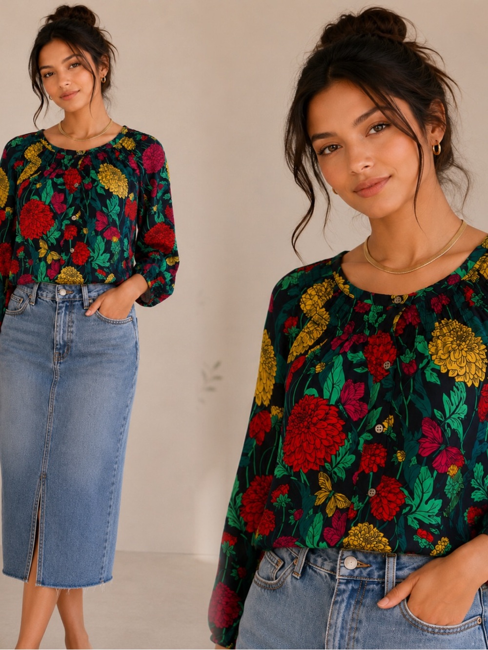 Women's Floral Peasant Blouse - Red & Yellow Floral